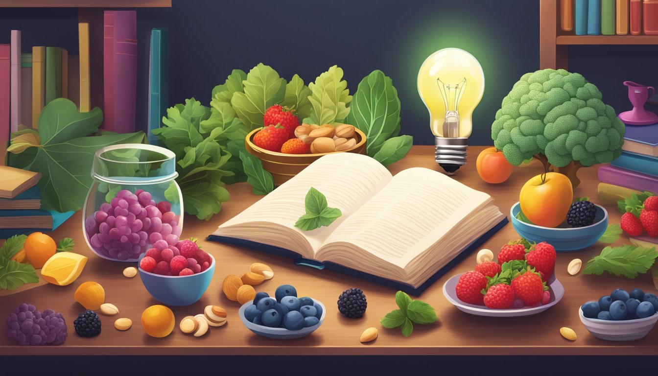 A table filled with colorful brain-boosting foods like berries, nuts, and leafy greens, surrounded by books and a glowing lightbulb