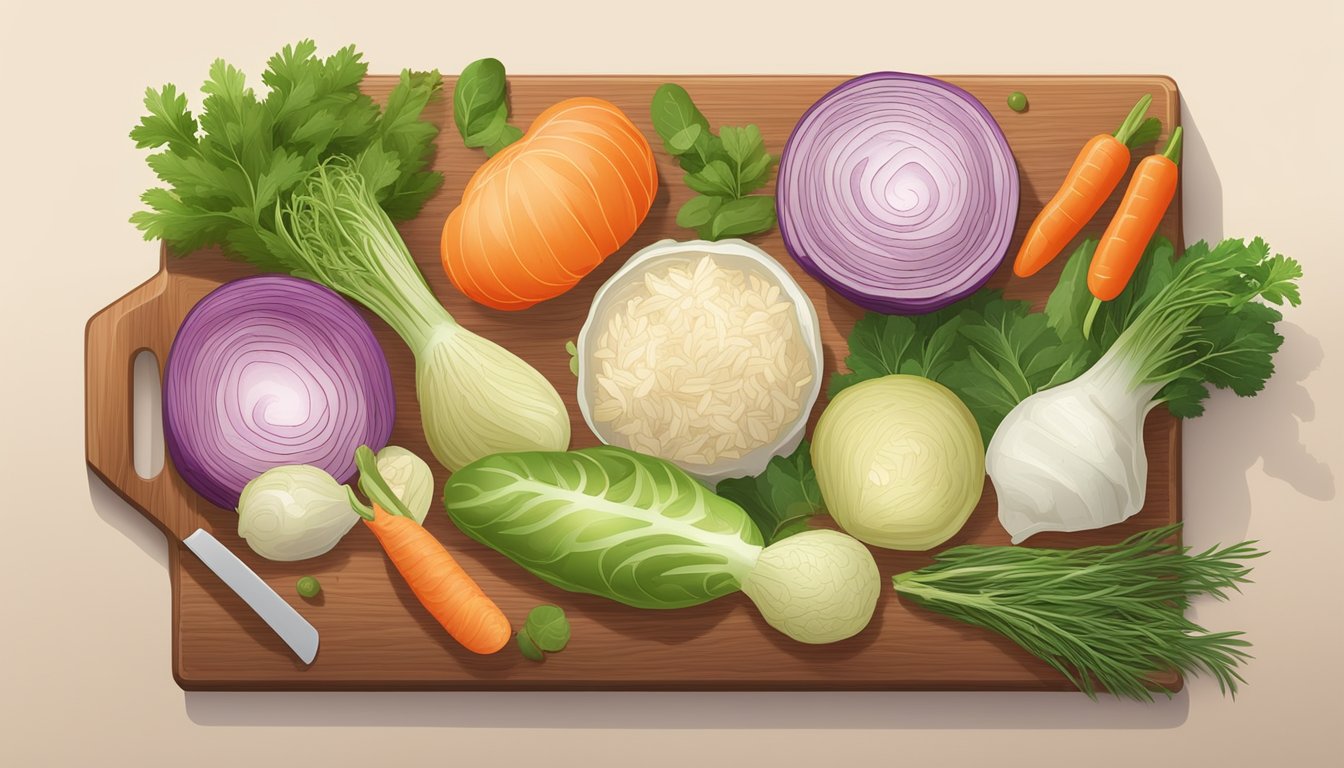 A colorful assortment of fresh sauerkraut, kimchi, and pickled vegetables arranged on a wooden cutting board, surrounded by vibrant green herbs and spices