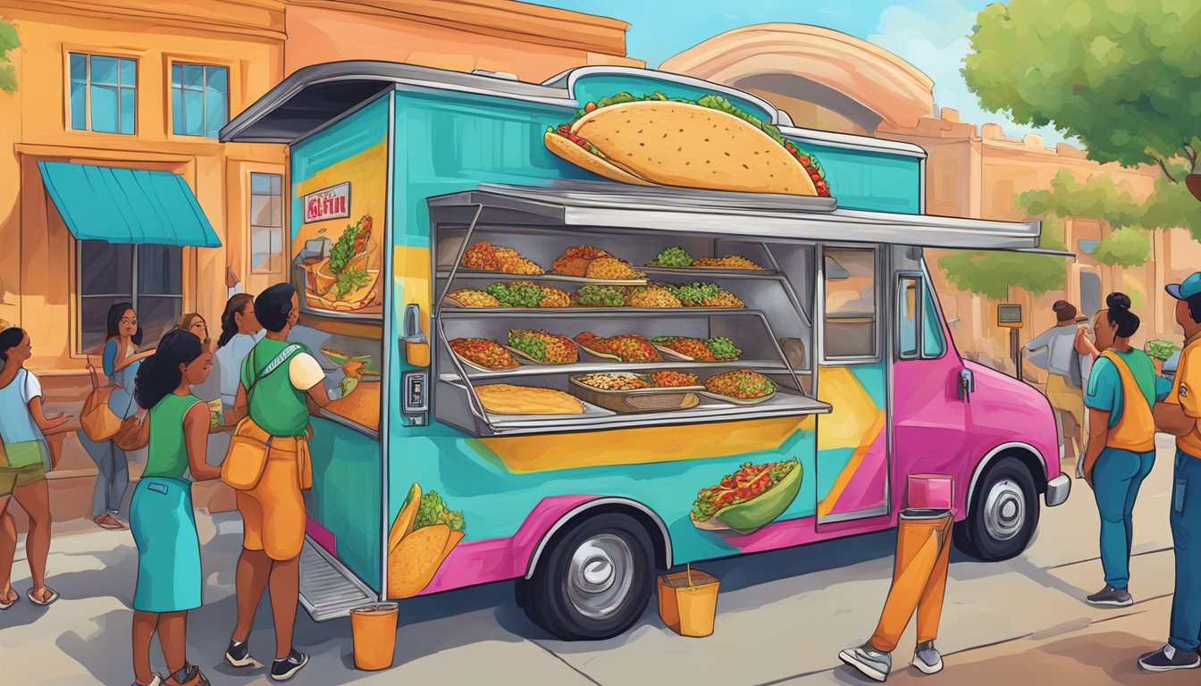 A bustling Texan taco truck adorned with vibrant colors and serving up unique, flavorful tacos to a diverse crowd