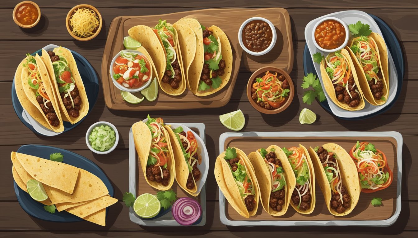 A spread of tacos de canasta with various fillings and toppings displayed on a rustic wooden table