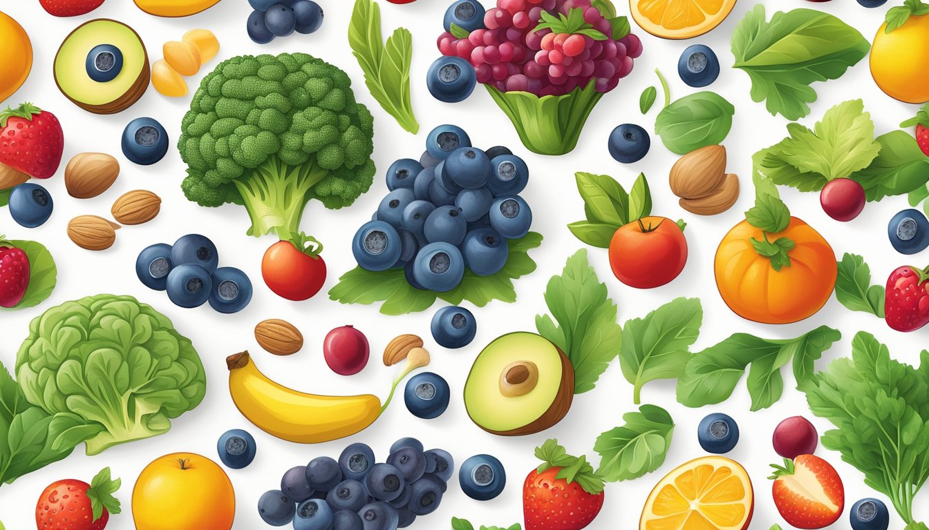 A colorful array of brain-boosting foods, such as blueberries, nuts, and leafy greens, arranged on a clean, white surface, with a vibrant backdrop of fresh fruits and vegetables