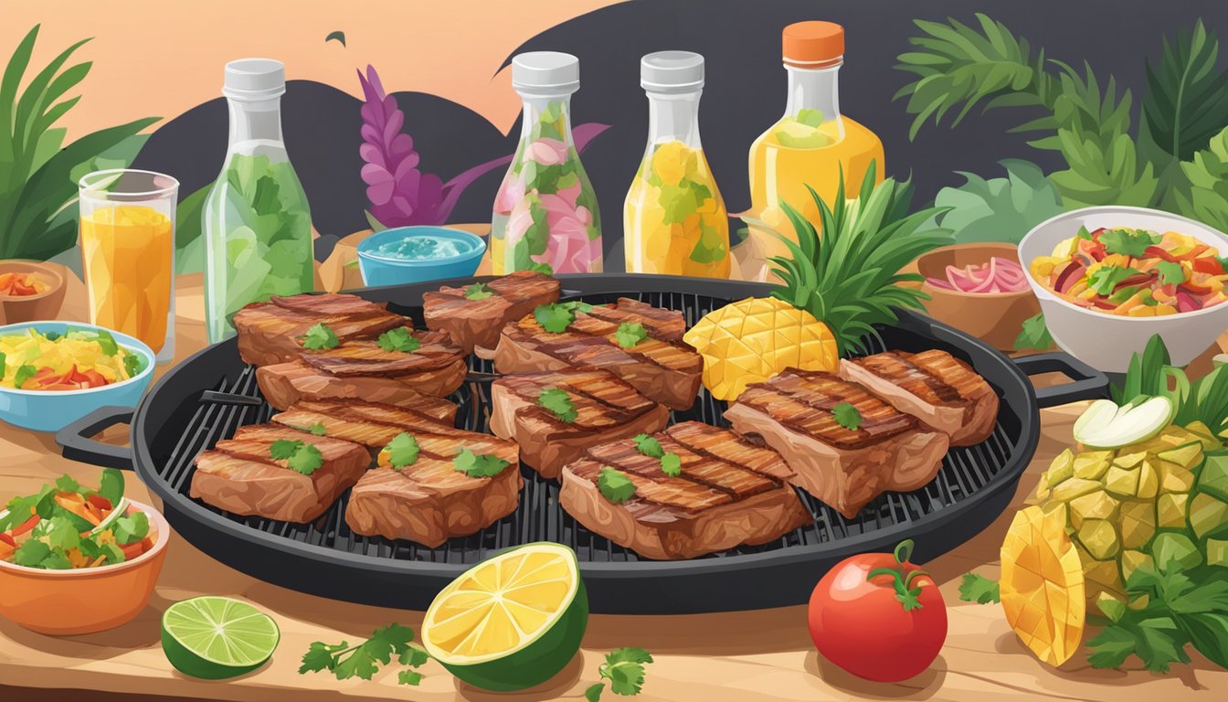 A sizzling grill loaded with marinated pork and pineapple, surrounded by colorful ingredients like cilantro, onions, and tortillas