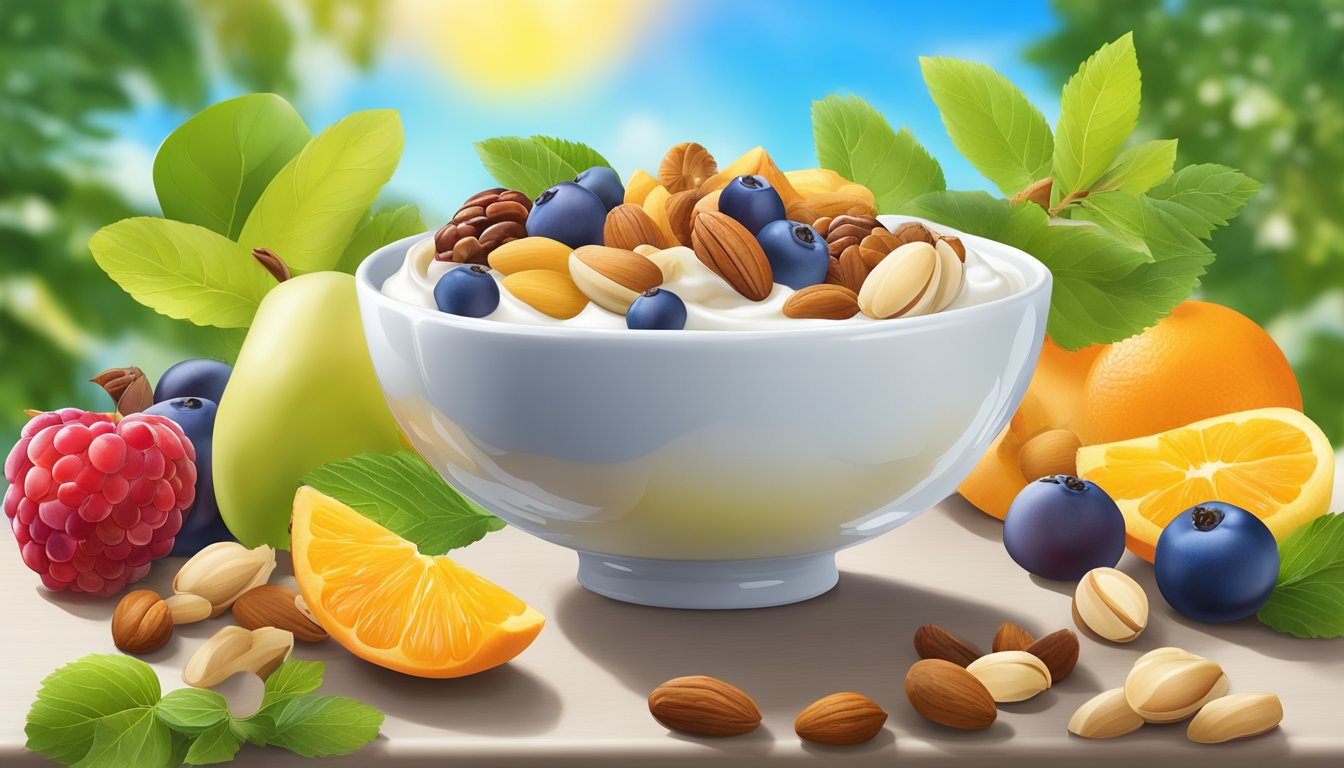 A variety of colorful fruits and nuts surround a bowl of creamy yogurt, all set against a backdrop of vibrant green leaves and a bright blue sky