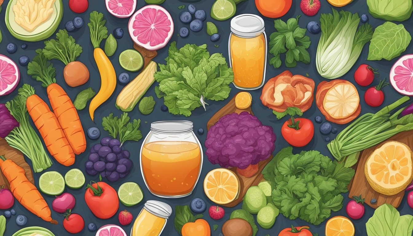 A colorful array of miso, kimchi, and kombucha surrounded by vibrant vegetables and fruits, with a glowing gut symbol in the center