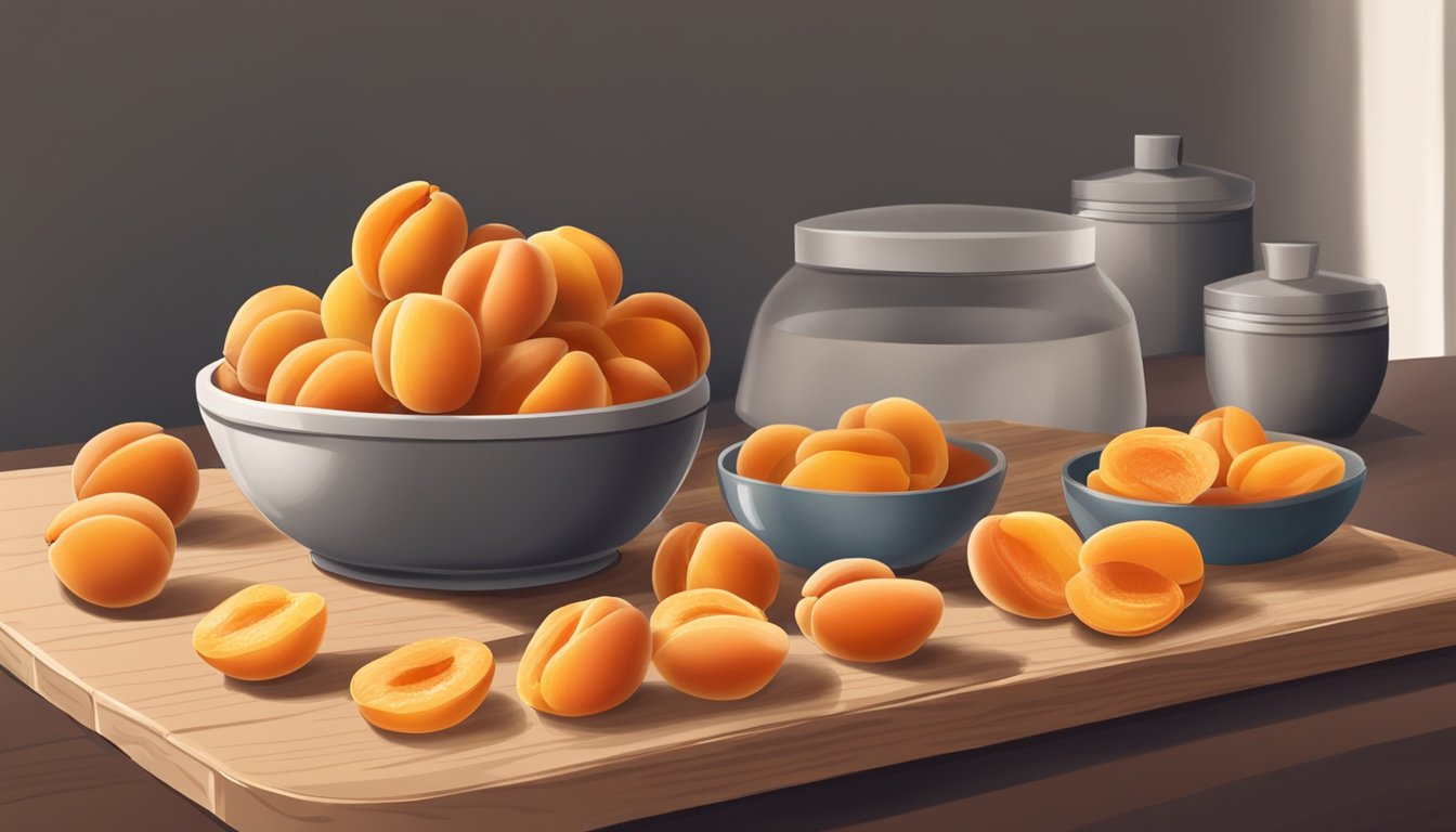 Fresh apricots arranged on a wooden cutting board, a dehydrator in the background, and a bowl of dried apricots on the table