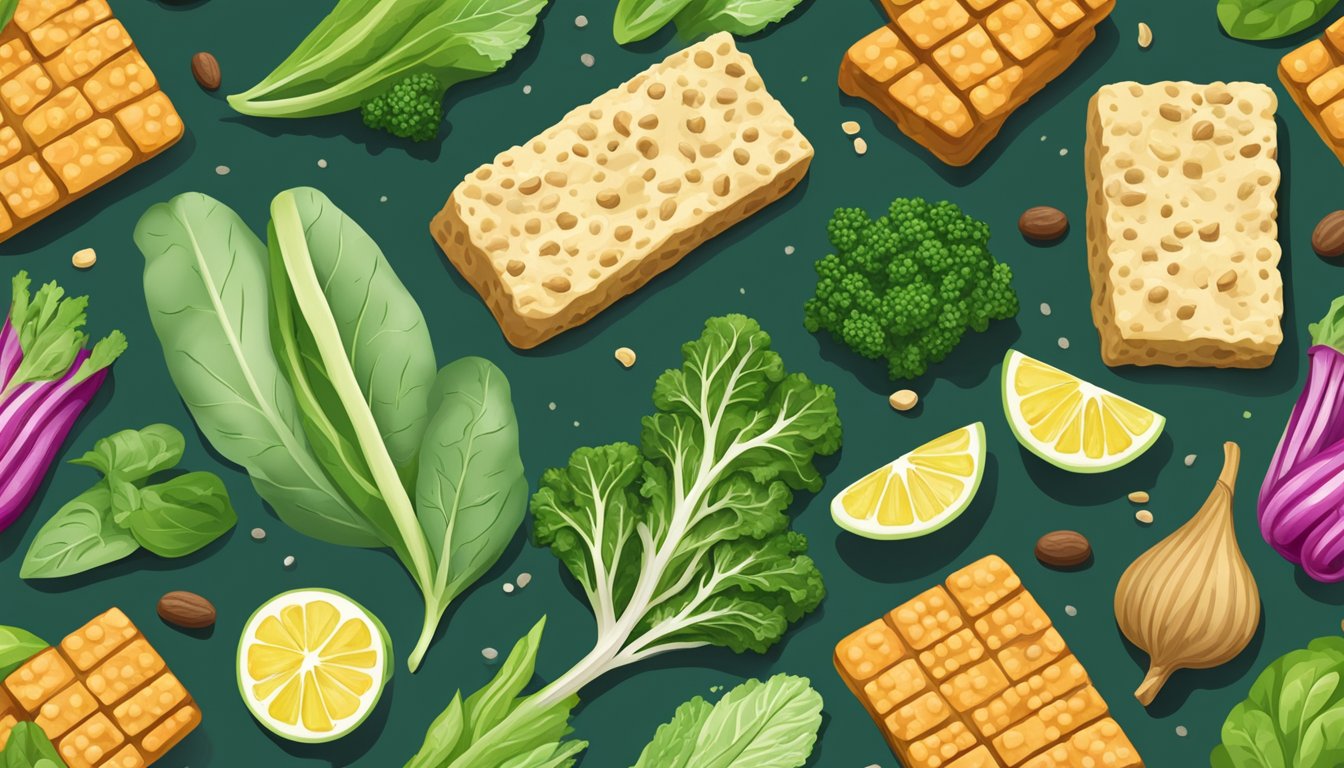 A colorful array of tempeh, leafy greens, and probiotic-rich foods