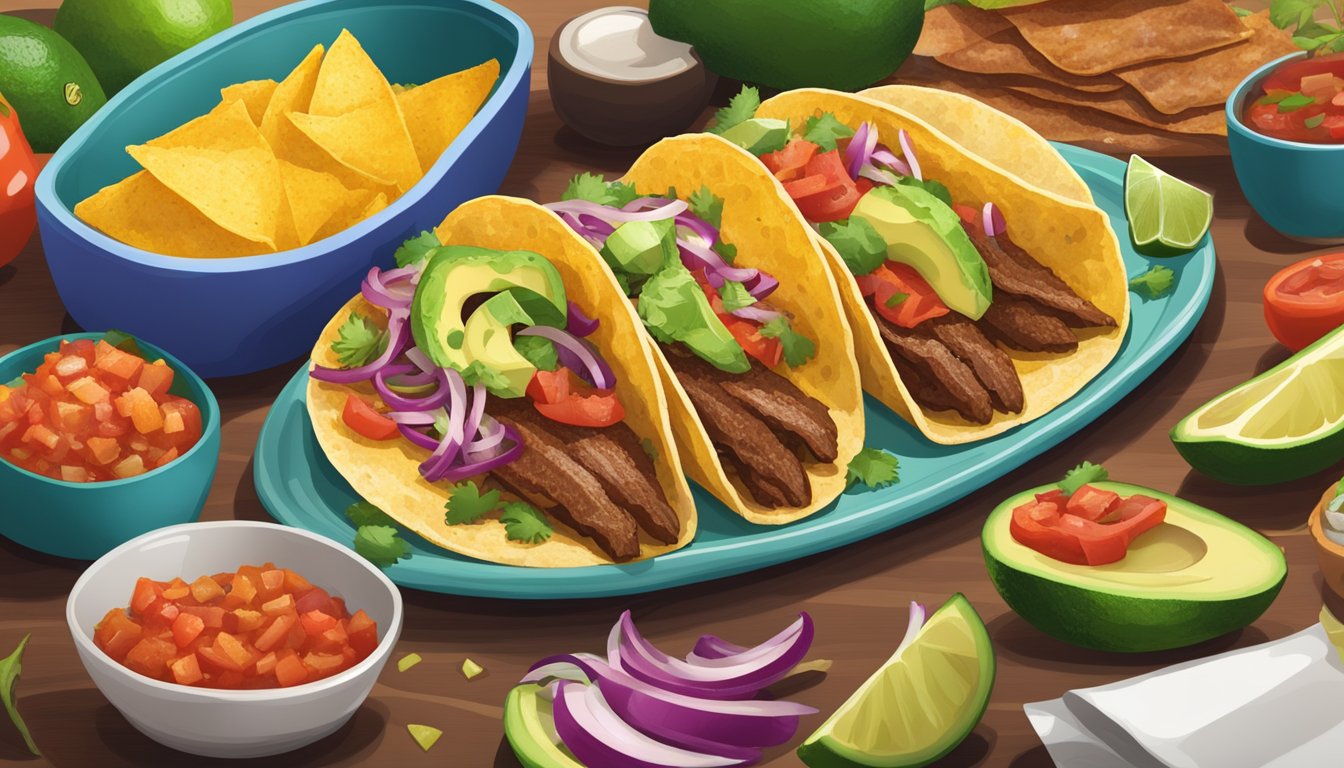 A table with a plate of Texas wild game tacos surrounded by colorful ingredients like salsa, avocado, and lime slices