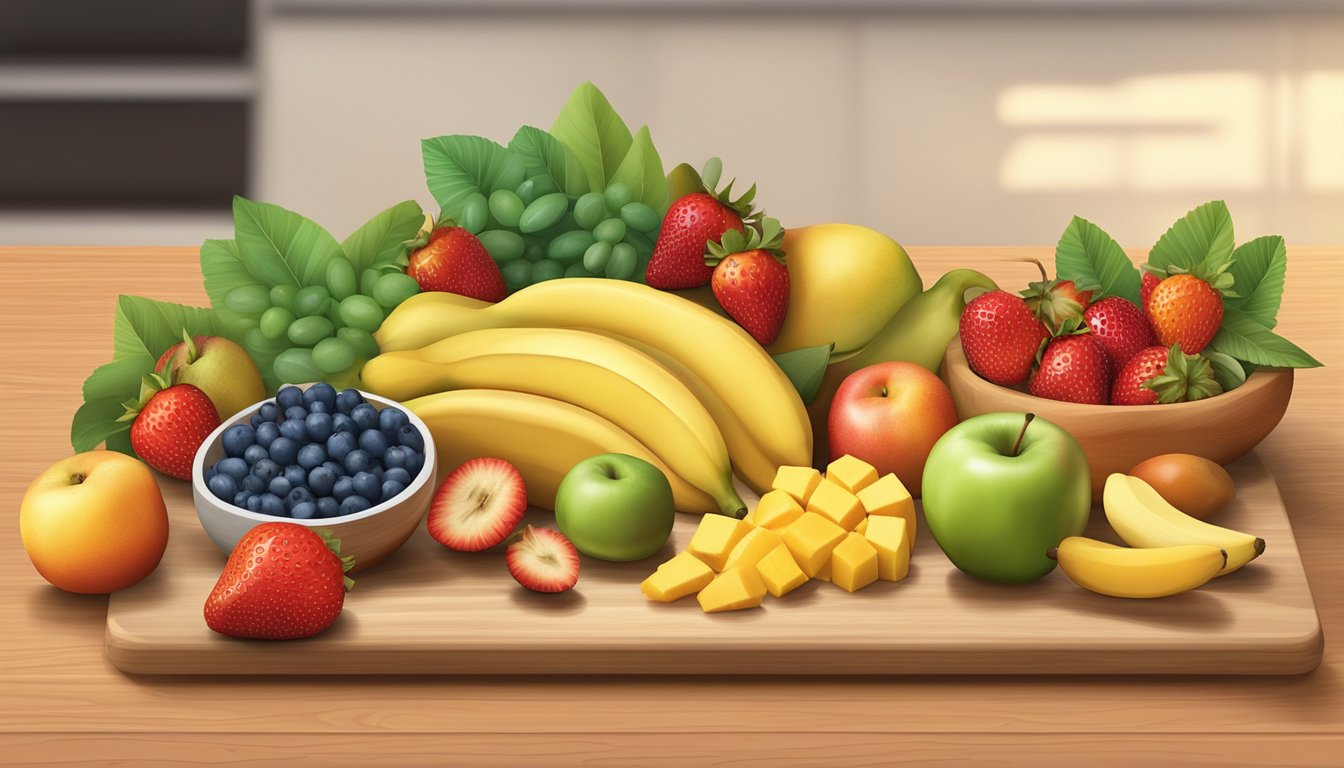 A colorful array of ripe fruits laid out on a wooden cutting board, including strawberries, bananas, apples, and mangoes. A dehydrator sits nearby, ready to transform the fruits into tasty and nutritious snacks