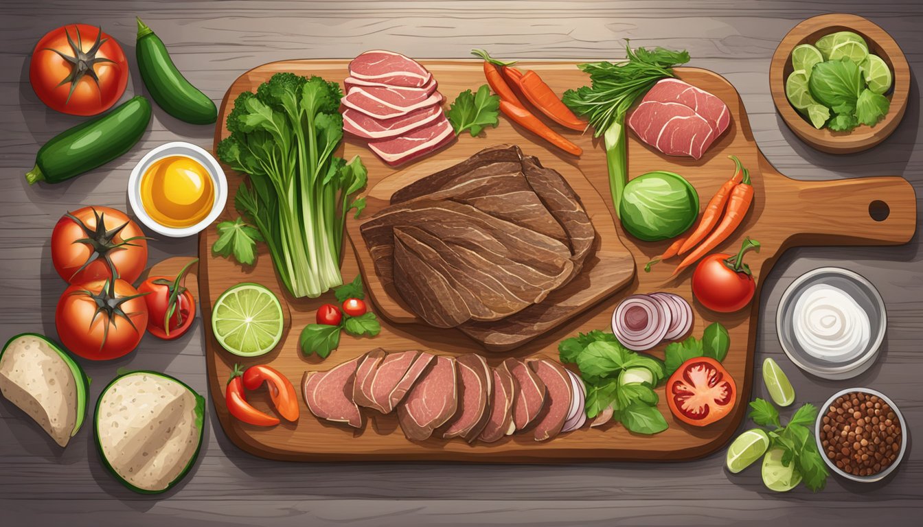 A wooden cutting board with assorted wild game meats, fresh vegetables, and various spices laid out for making Texas wild game tacos