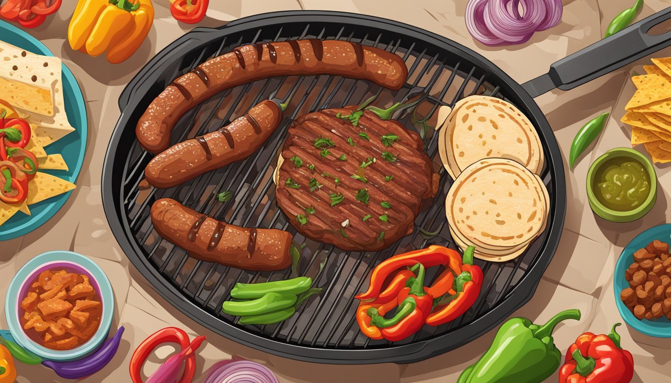 A sizzling grill loaded with juicy brisket, smoky sausage, and tender pork, surrounded by colorful peppers, onions, and fresh tortillas