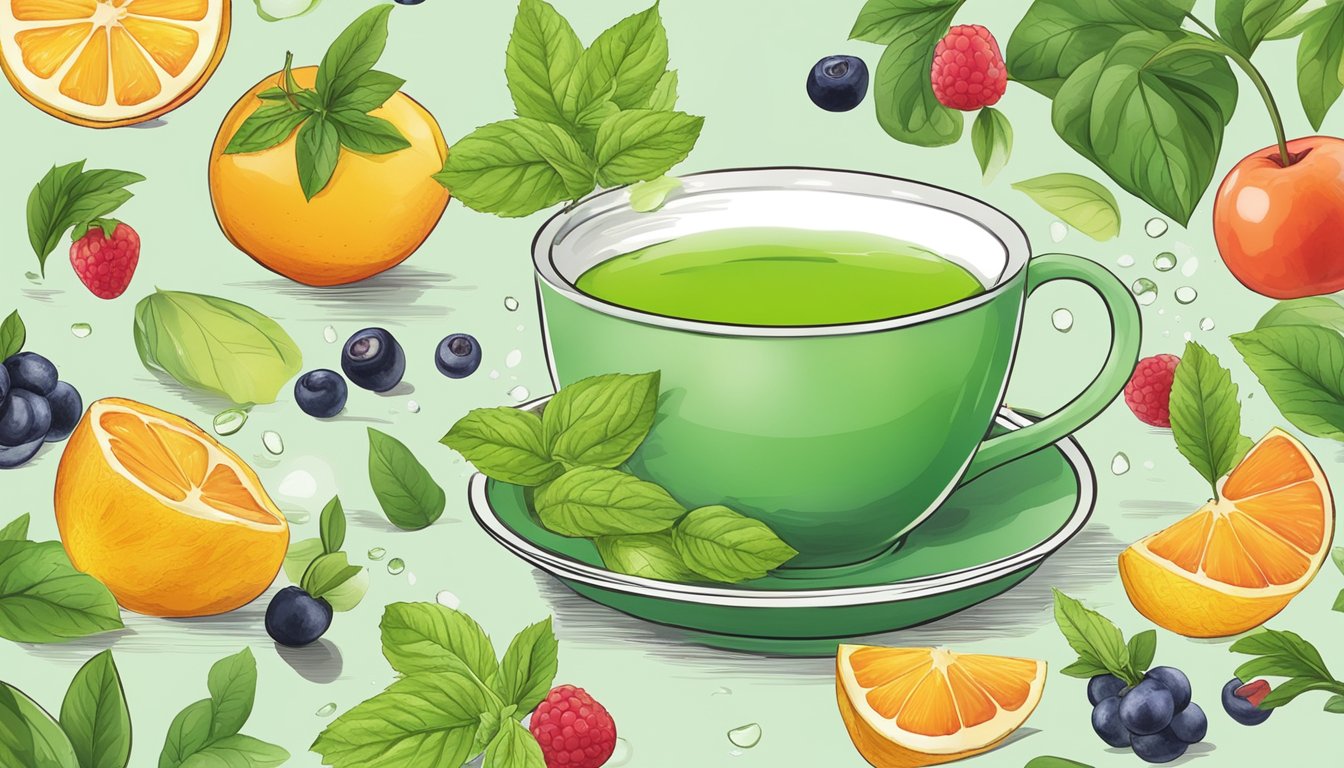 A steaming cup of green tea surrounded by vibrant, antioxidant-rich fruits and vegetables