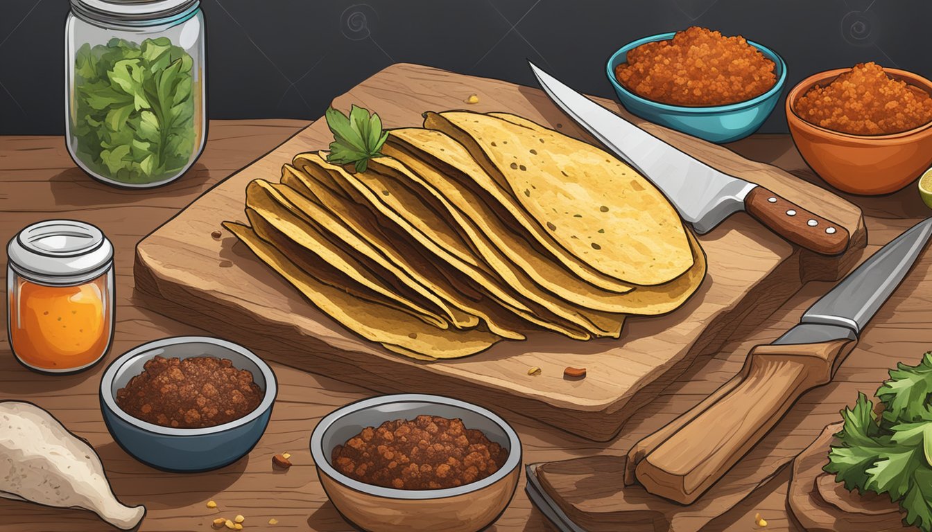 A rustic kitchen counter with a cutting board, knife, and various spices next to a pile of freshly prepared wild game taco meat