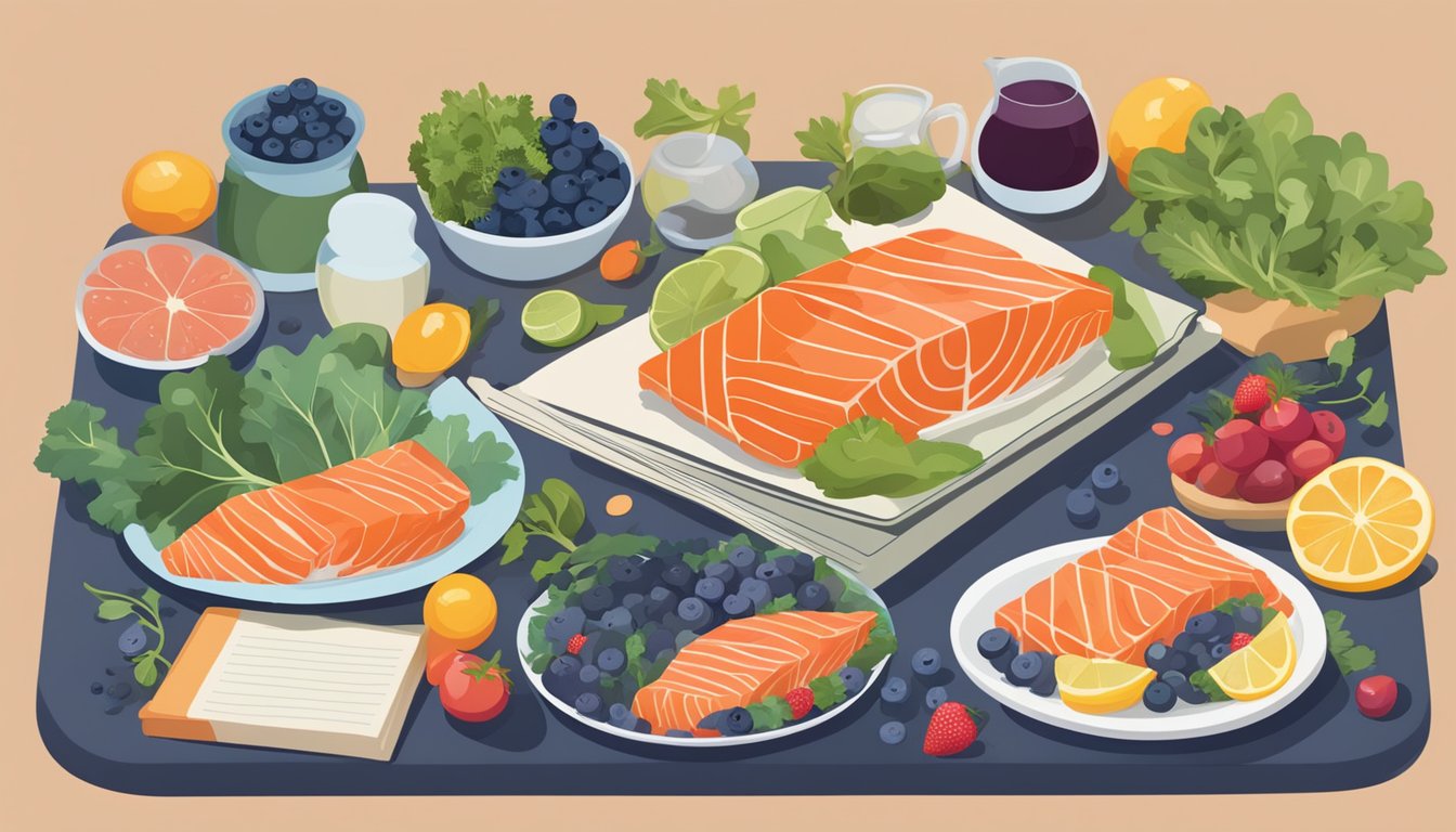 A table filled with colorful foods like salmon, blueberries, and leafy greens, surrounded by books on brain health and dementia prevention