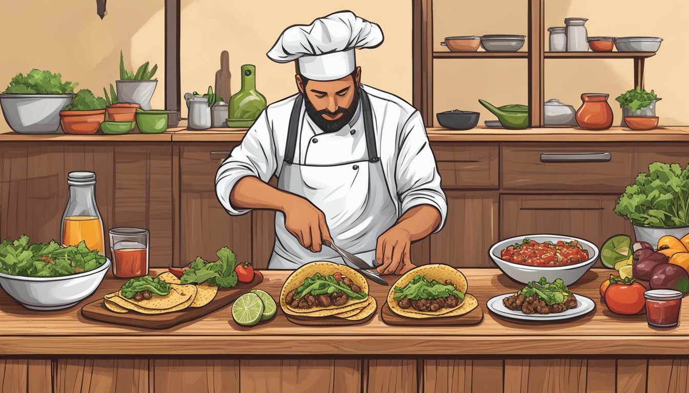 A chef assembling and serving Texas wild game tacos on a wooden cutting board with fresh ingredients and a side of salsa