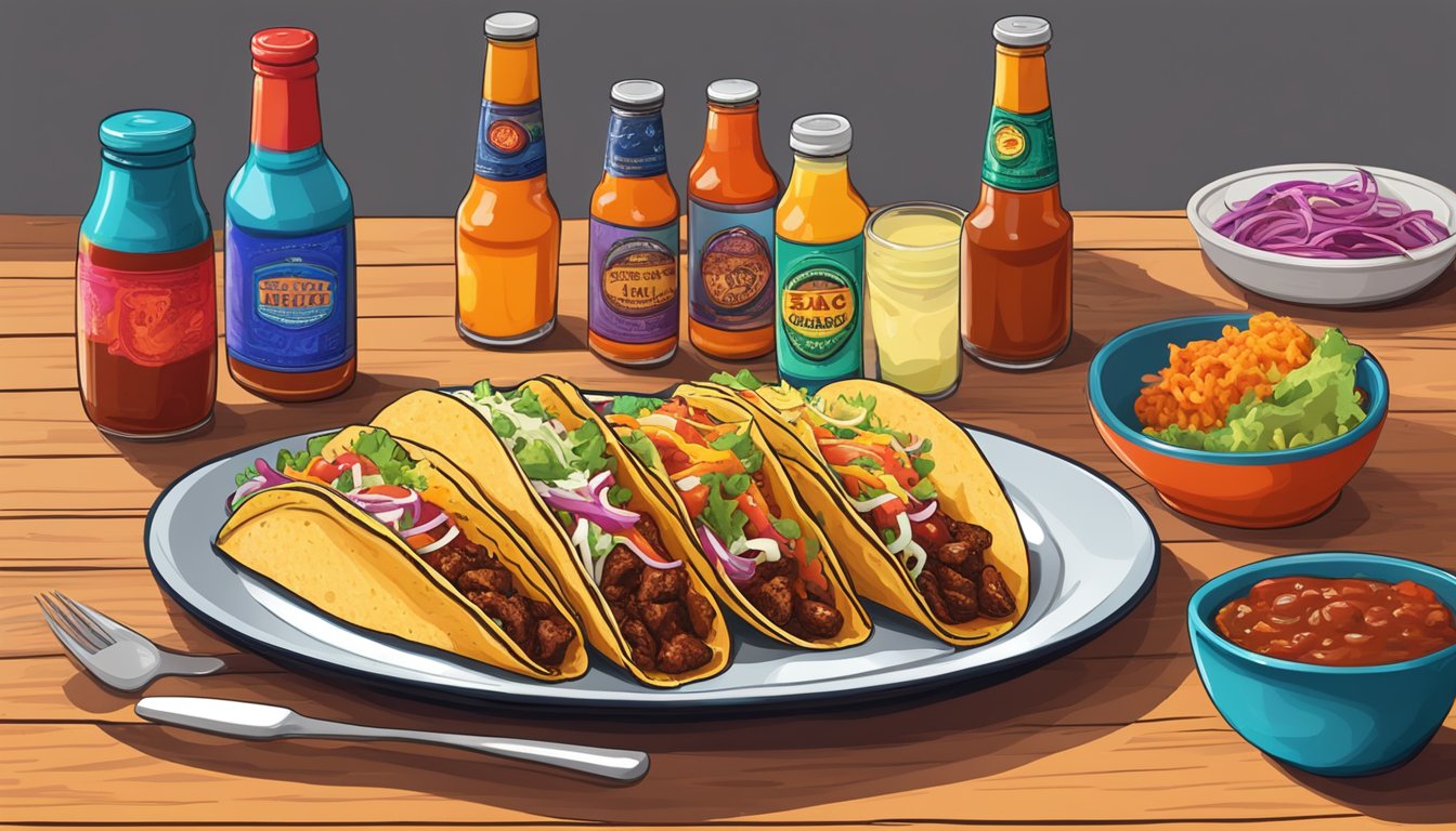 A table set with a variety of Texas BBQ tacos, surrounded by colorful plates and napkins. A bottle of hot sauce sits nearby