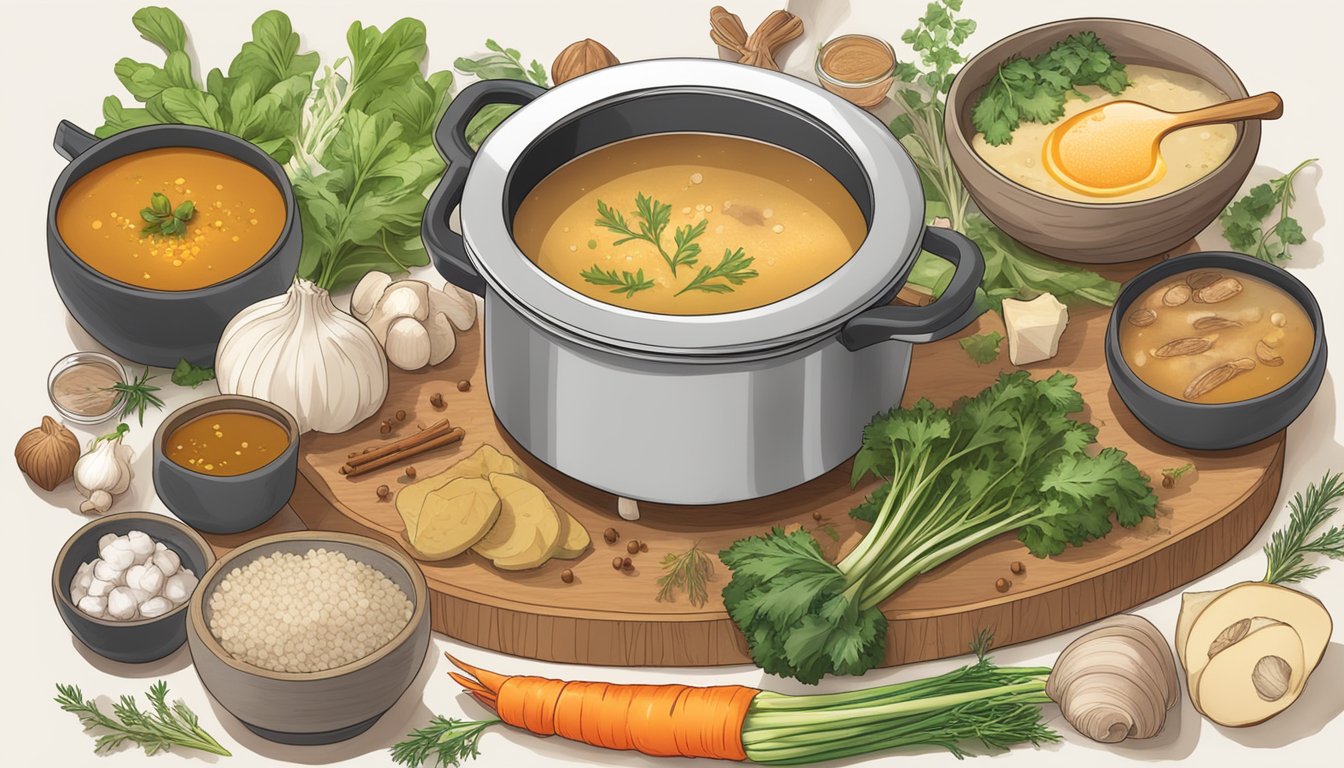 A simmering pot of bone broth surrounded by collagen-boosting ingredients like vegetables, herbs, and spices