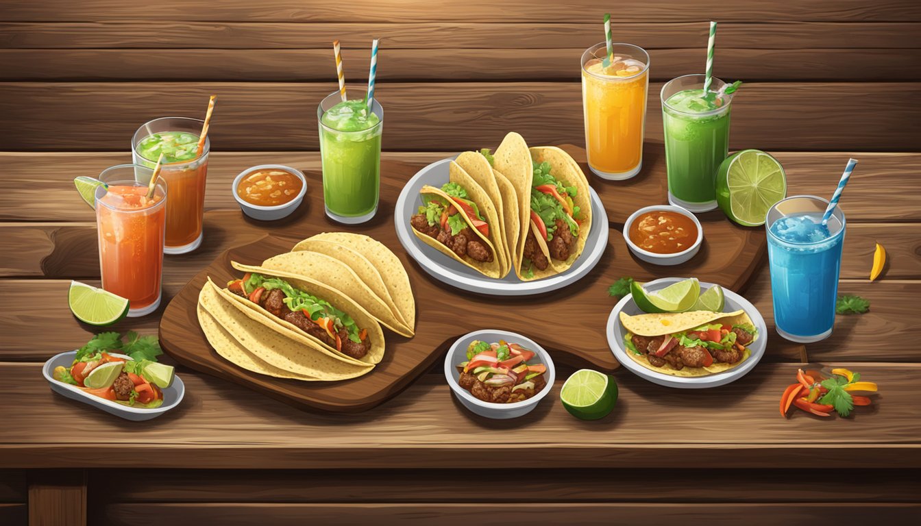 A rustic wooden table set with Texas wild game tacos and recommended beverages