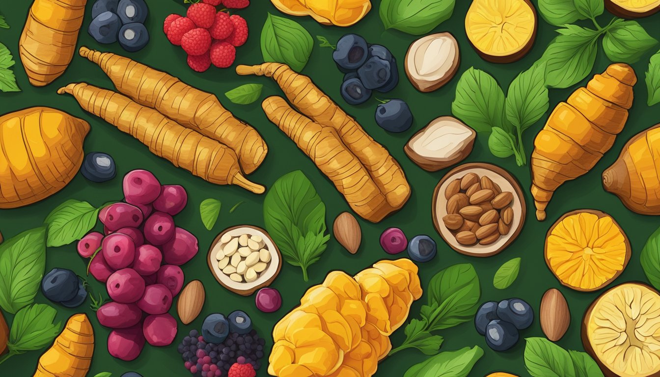 A colorful array of turmeric, ginger, and berries, surrounded by vibrant green leafy vegetables and nuts, arranged on a wooden cutting board