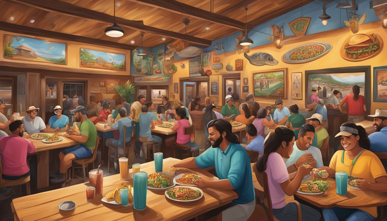 A rustic Texan restaurant with a diverse crowd enjoying wild game tacos, surrounded by vibrant murals depicting local culture