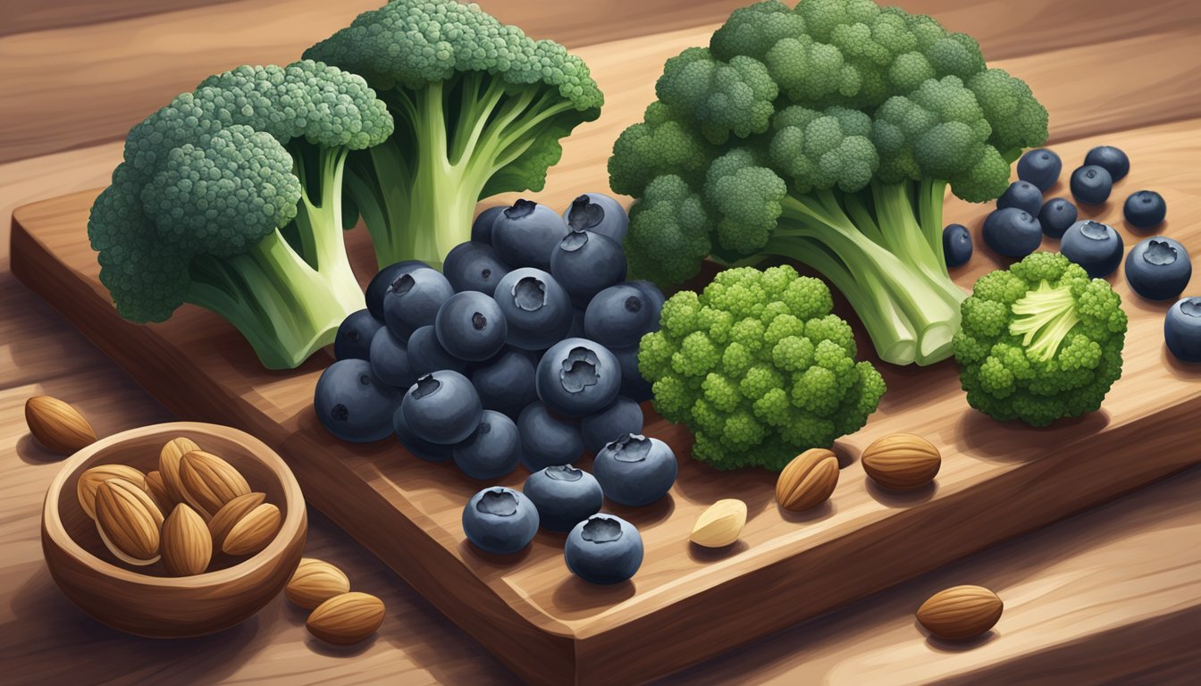 A colorful assortment of broccoli, spinach, blueberries, and nuts arranged on a wooden cutting board