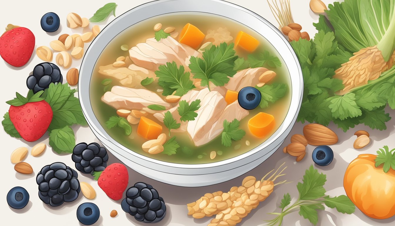 A bowl of chicken soup surrounded by collagen-boosting foods like berries, nuts, and leafy greens