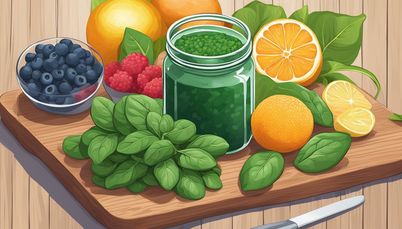 A colorful array of fresh spinach, berries, and citrus fruits arranged on a wooden cutting board with a jar of collagen powder