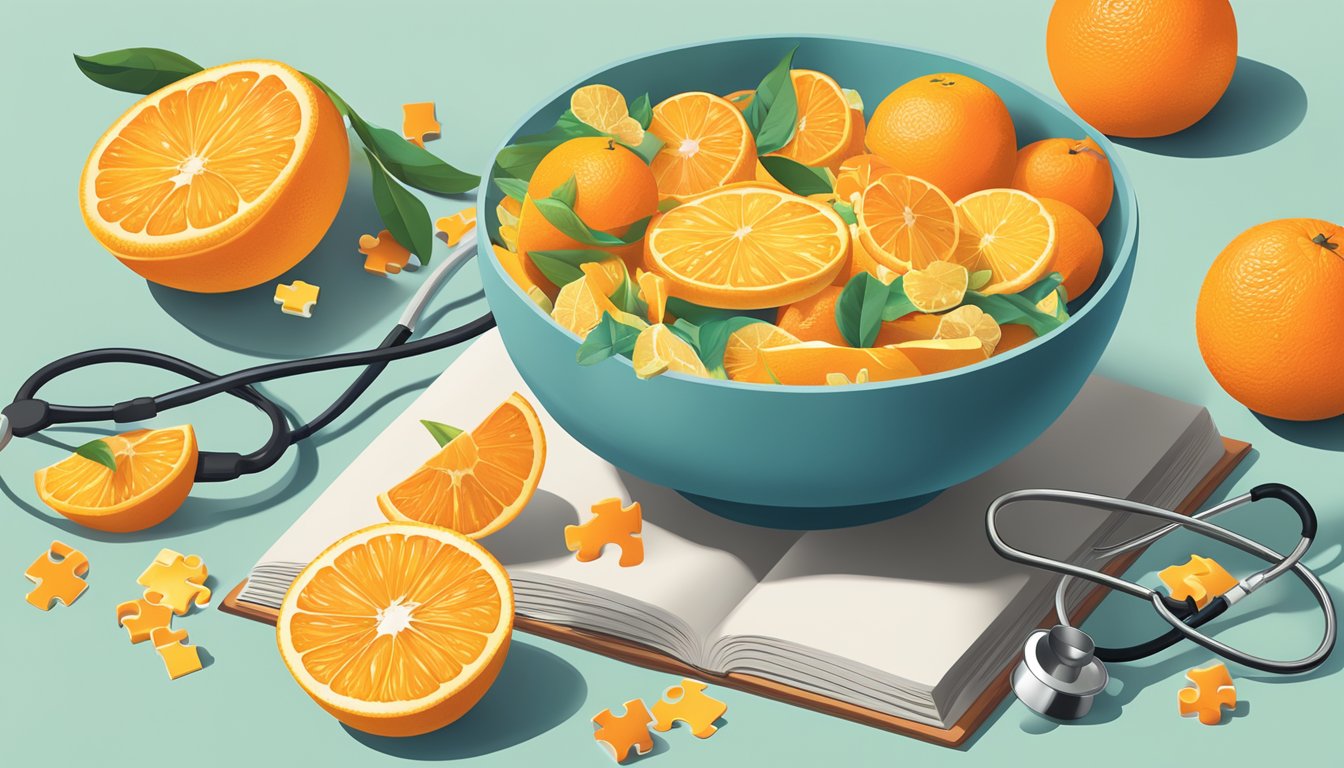 A bowl of vibrant oranges surrounded by scattered puzzle pieces, a book on brain health, and a stethoscope