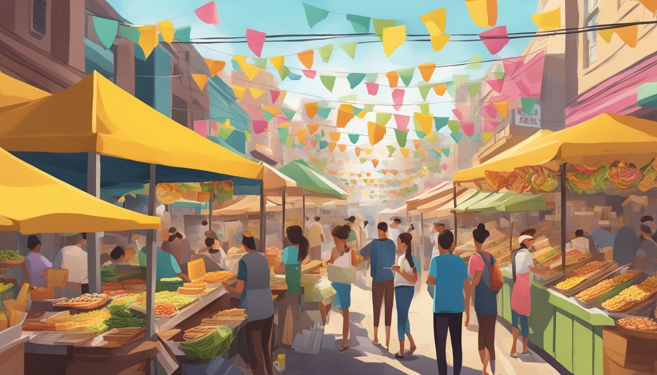 A bustling street market with a colorful array of taco stands, the aroma of marinated pork and pineapple wafting through the air