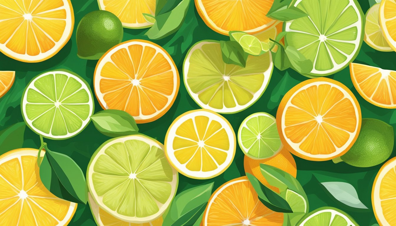 A vibrant array of citrus fruits, including oranges, lemons, and limes, arranged on a wooden cutting board with scattered green leaves. Sunlight illuminates the scene, highlighting the juicy, collagen-boosting produce