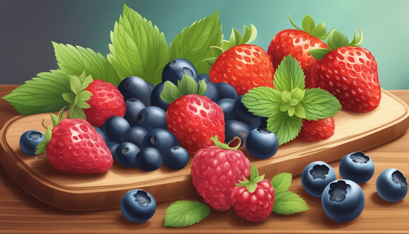 A colorful assortment of berries, including strawberries, blueberries, and raspberries, arranged on a wooden cutting board with a sprig of fresh mint