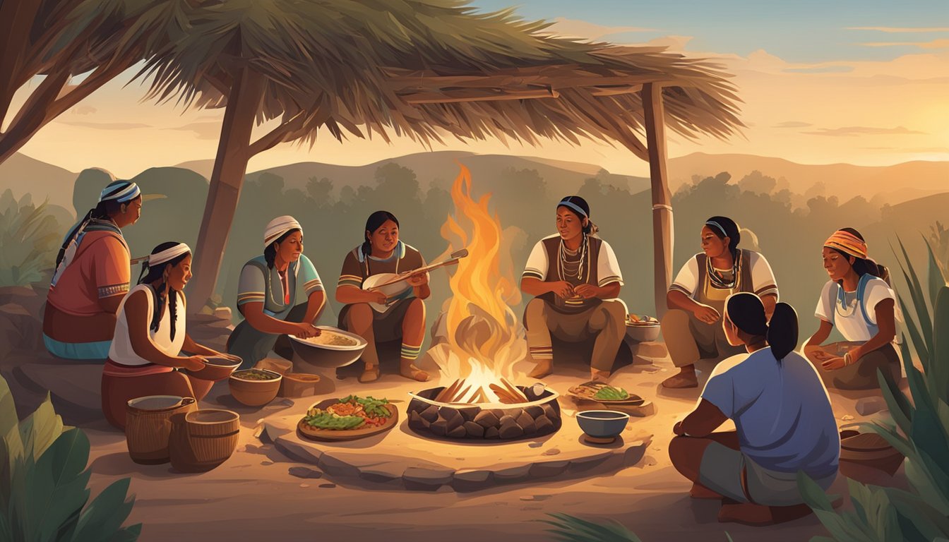 A group of indigenous people gather around a fire, cooking traditional tacos with fresh ingredients. The scene is set in a rustic outdoor setting with traditional cooking utensils and indigenous decorations