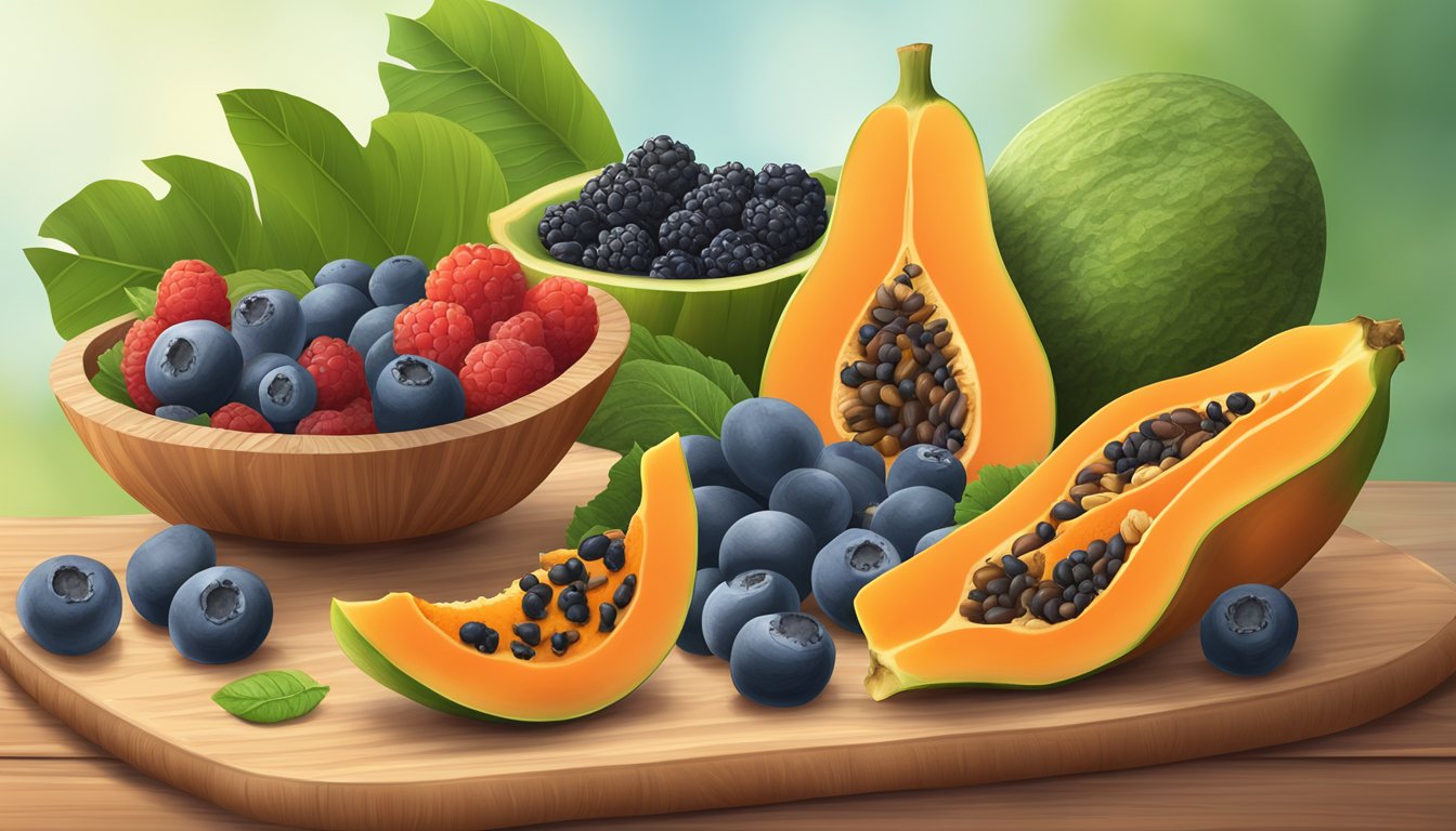 A vibrant papaya surrounded by collagen-boosting foods like berries and nuts on a wooden cutting board