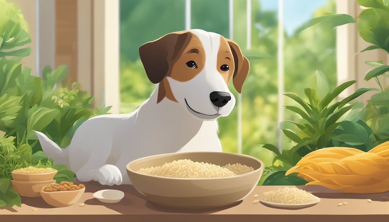 A happy dog eating a bowl of brown rice with other digestive-friendly foods, surrounded by a lush, green garden