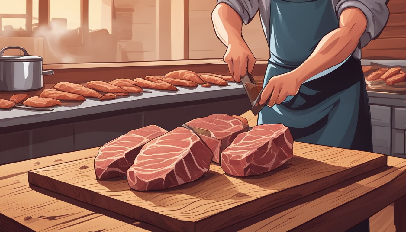 A butcher lays out various cuts of meat on a wooden cutting board, with a pile of wood chips and a smoker in the background