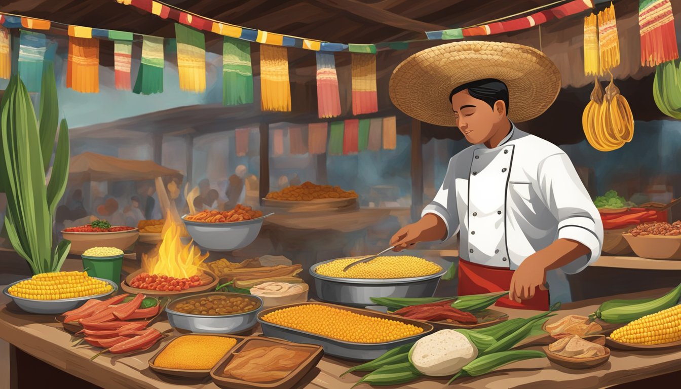 A traditional Mexican market stall displays an array of fresh ingredients such as corn, chilies, and various meats. A chef expertly grills tortillas over an open flame