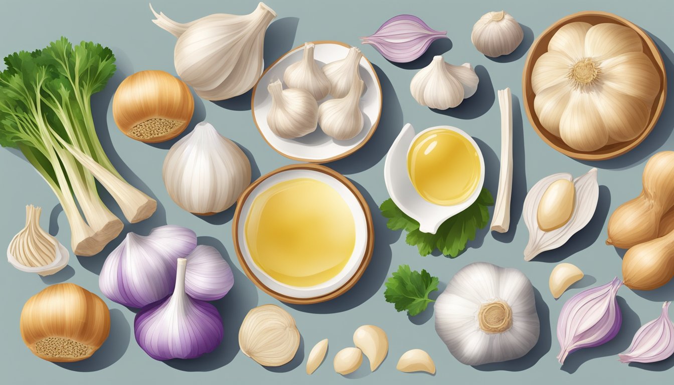 A variety of garlic and collagen-boosting foods arranged on a table