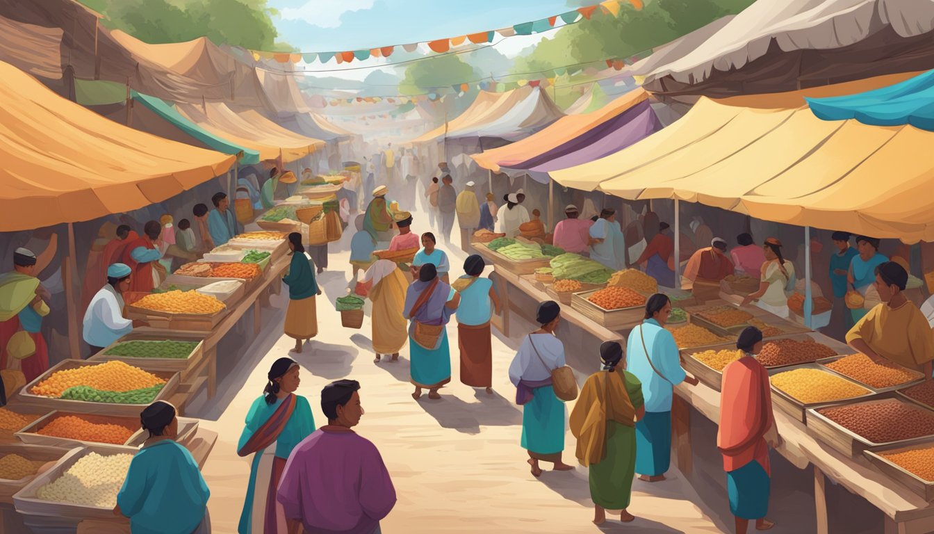 A bustling marketplace with colorful stalls selling various regional taco varieties, surrounded by indigenous people in traditional clothing