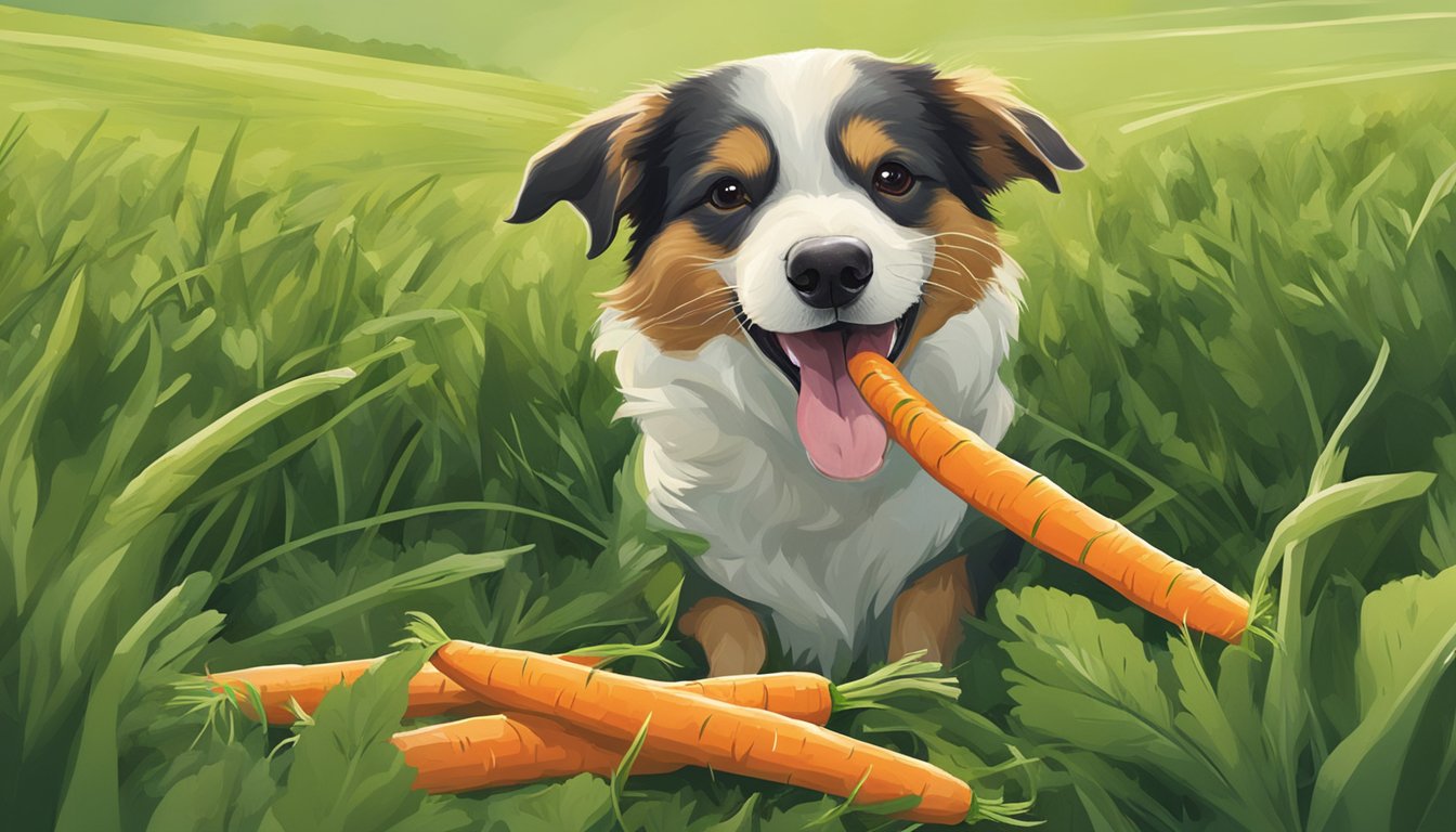 A happy dog eating carrot sticks in a green field