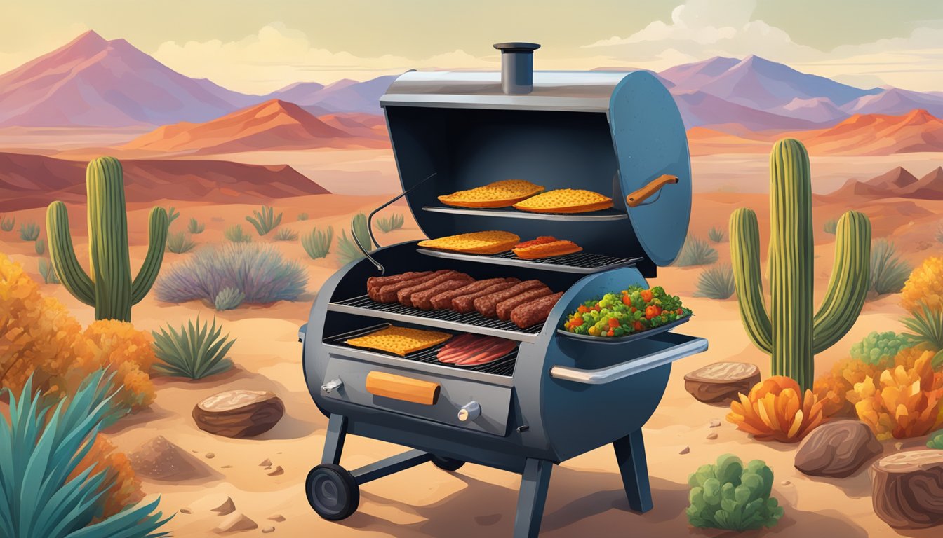 A rustic outdoor smoker filled with sizzling meat, surrounded by Texan desert landscape and a colorful array of taco ingredients