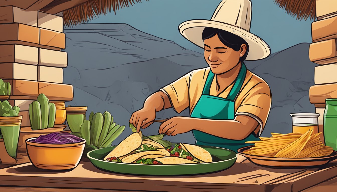 An indigenous person preparing authentic Mexican tacos using traditional culinary techniques