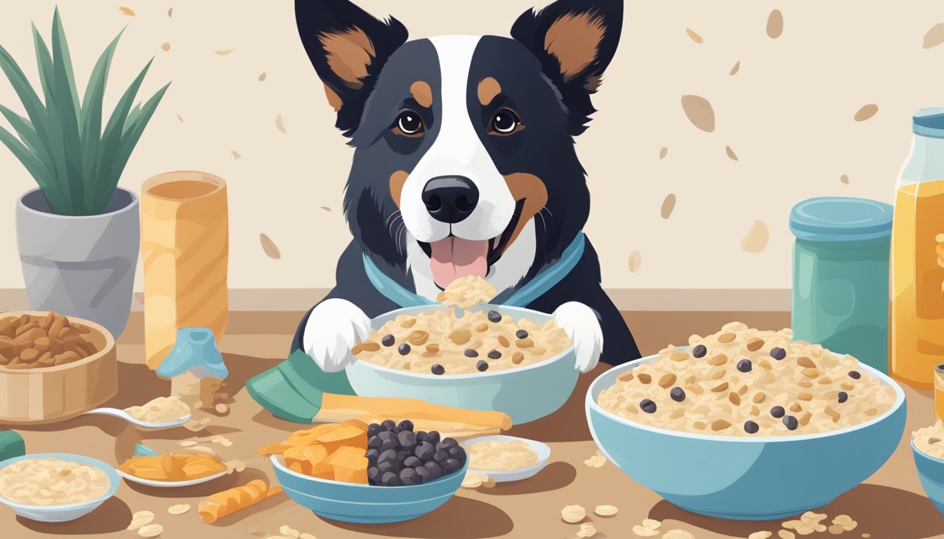 A happy dog eating a bowl of oatmeal with a variety of digestive-friendly foods surrounding it