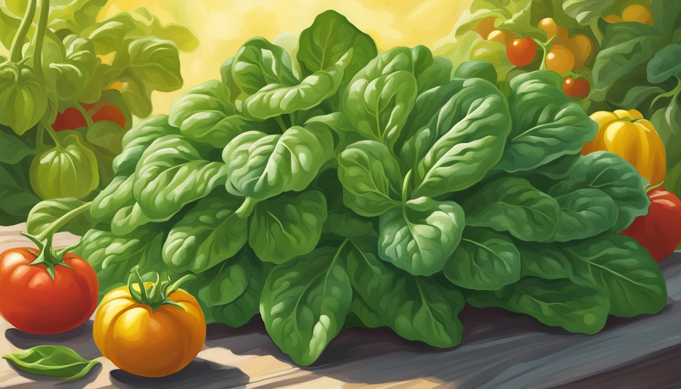 A vibrant green spinach plant surrounded by ripe red tomatoes and golden yellow squash, all bathed in warm sunlight