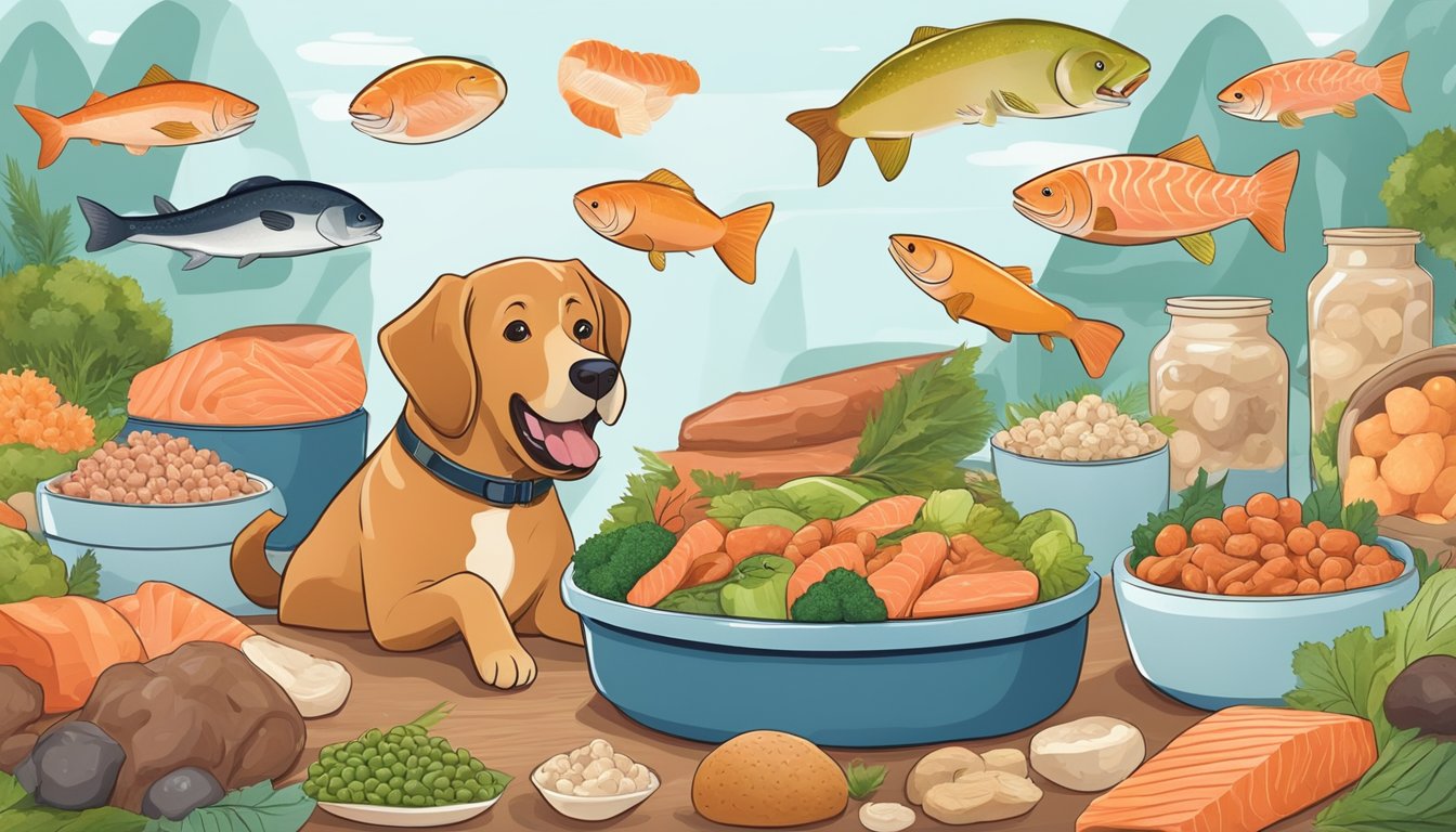 A happy dog surrounded by a variety of salmon-based foods, with a healthy and firm poop in the background