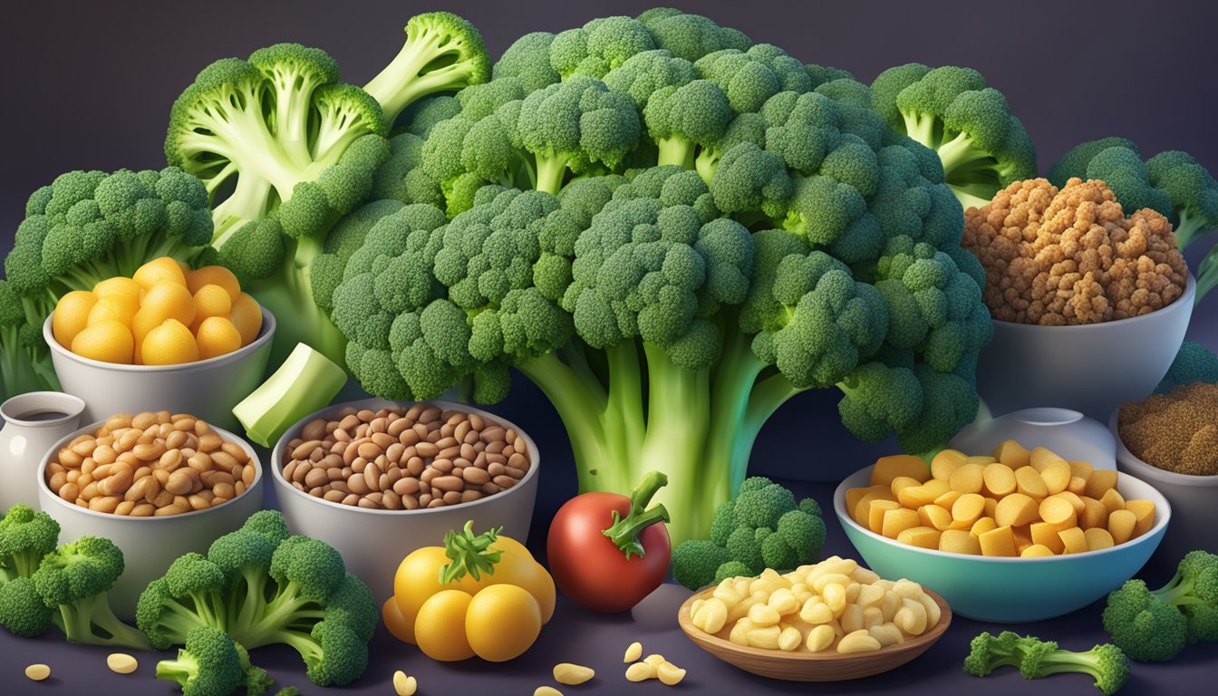 A vibrant bunch of broccoli surrounded by other pancreas-supporting foods, with a glowing pancreas in the background