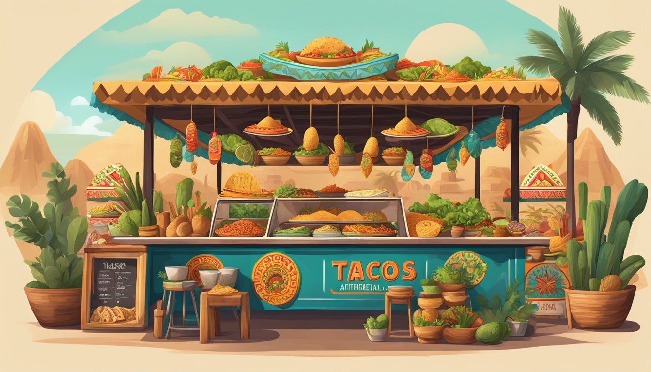 A colorful market stall displaying various types of authentic tacos, surrounded by indigenous symbols and decorations