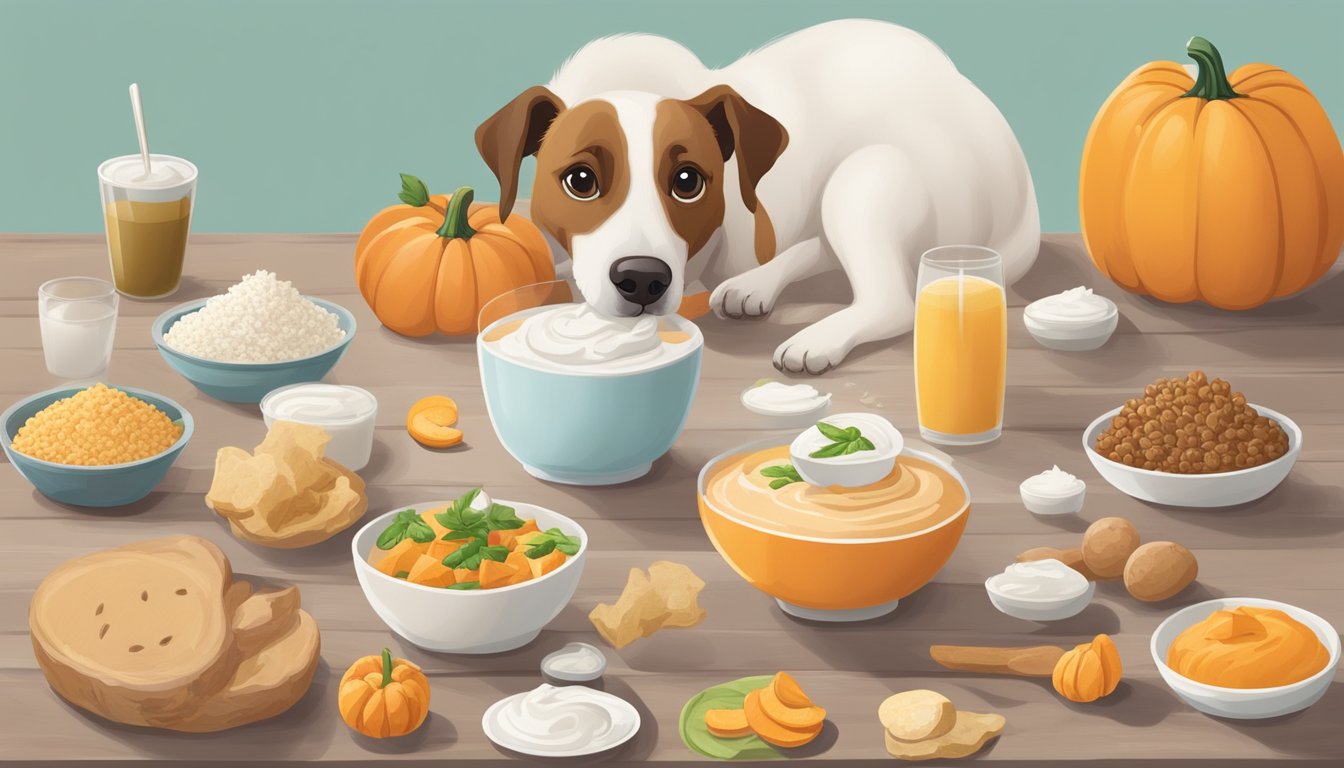 A happy dog eating plain yogurt, surrounded by digestive-friendly foods like pumpkin, sweet potato, and rice, with a healthy poop in the background