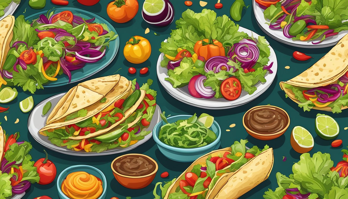 A colorful array of fresh vegetables and vibrant salads arranged around a plate of tacos