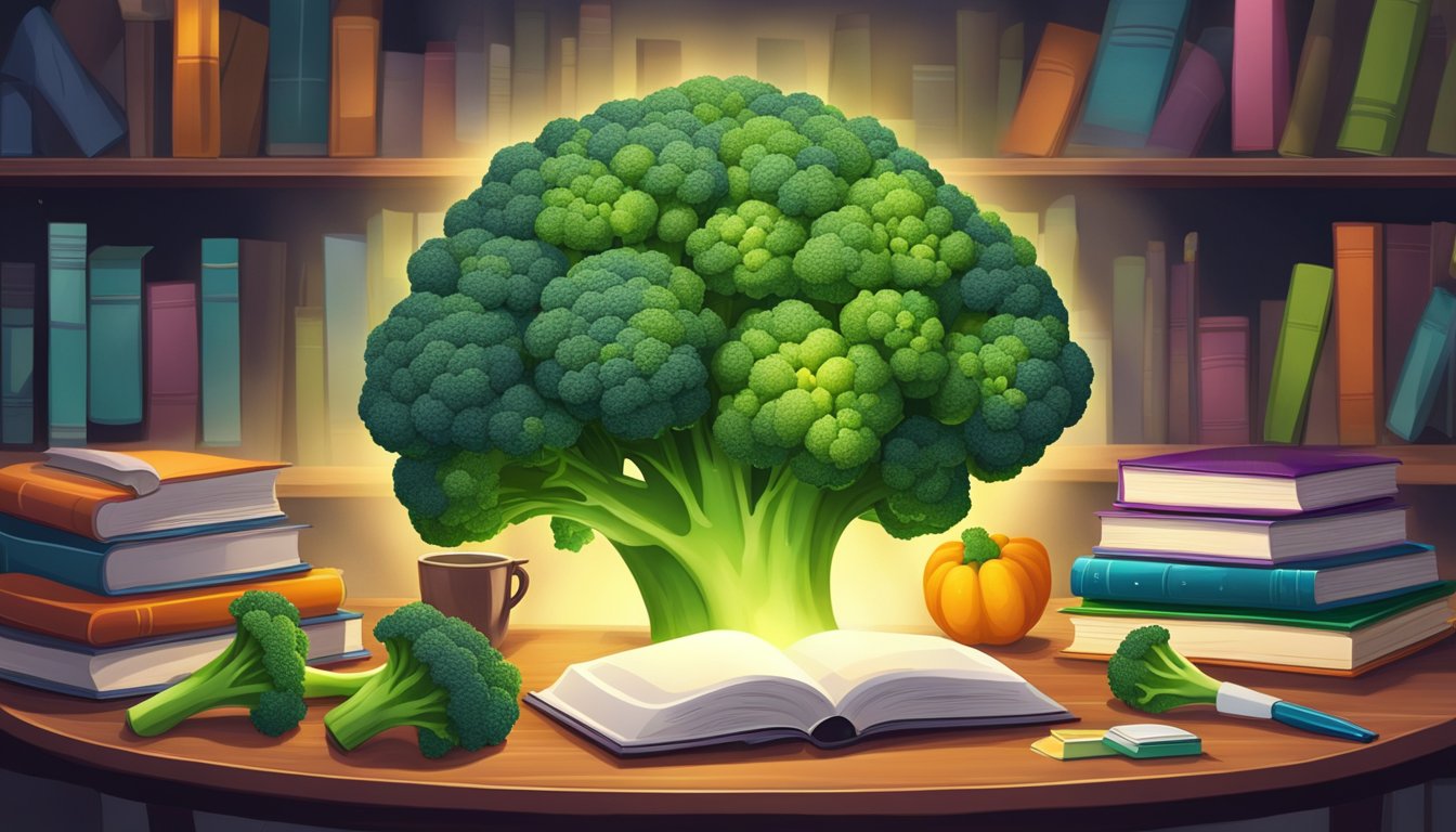 A table covered with colorful broccoli, surrounded by books and a glowing light, symbolizing brain-boosting foods that sharpen focus