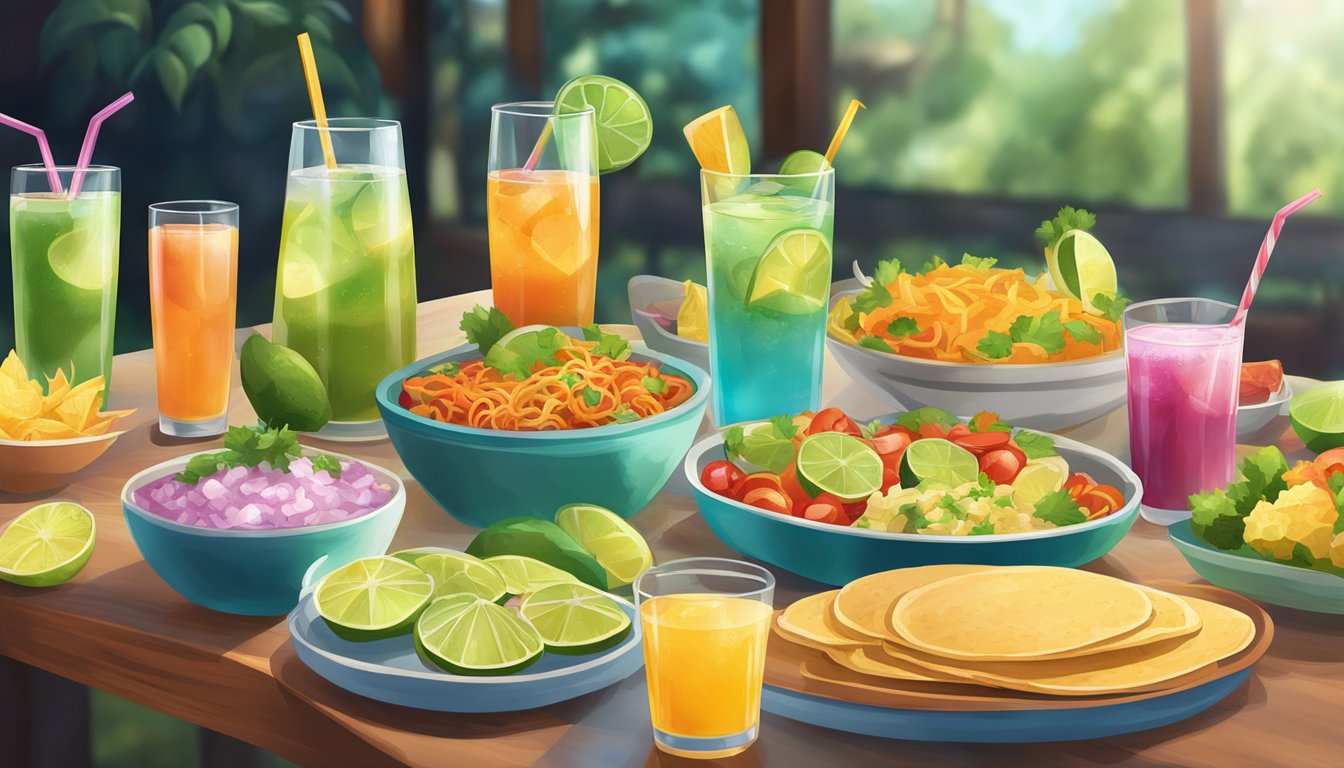 A table set with an assortment of colorful and refreshing drinks alongside a variety of flavorful side dishes to complement tacos