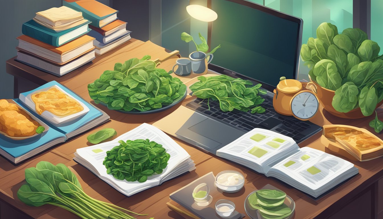 A table with a variety of spinach-based dishes surrounded by books and a computer, with a bright spotlight shining on the food